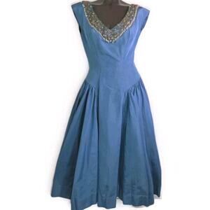 Vintage Harry Cooper Beaded Satin Evening Dress Blue 1950s Hollywood